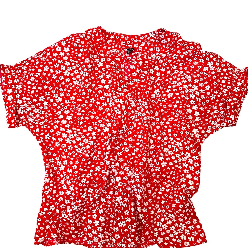 Red Floral V-Neck Blouse
